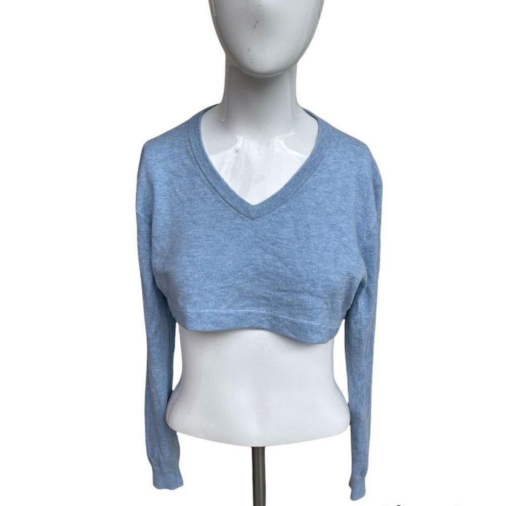J. Crew Cropped Top V Neck Long Sleeves Sz S Blue